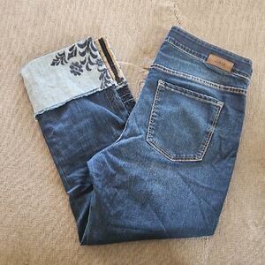 Jag Jeans High Rise Straight Leg Ankle Cuff With Floral Embroidery